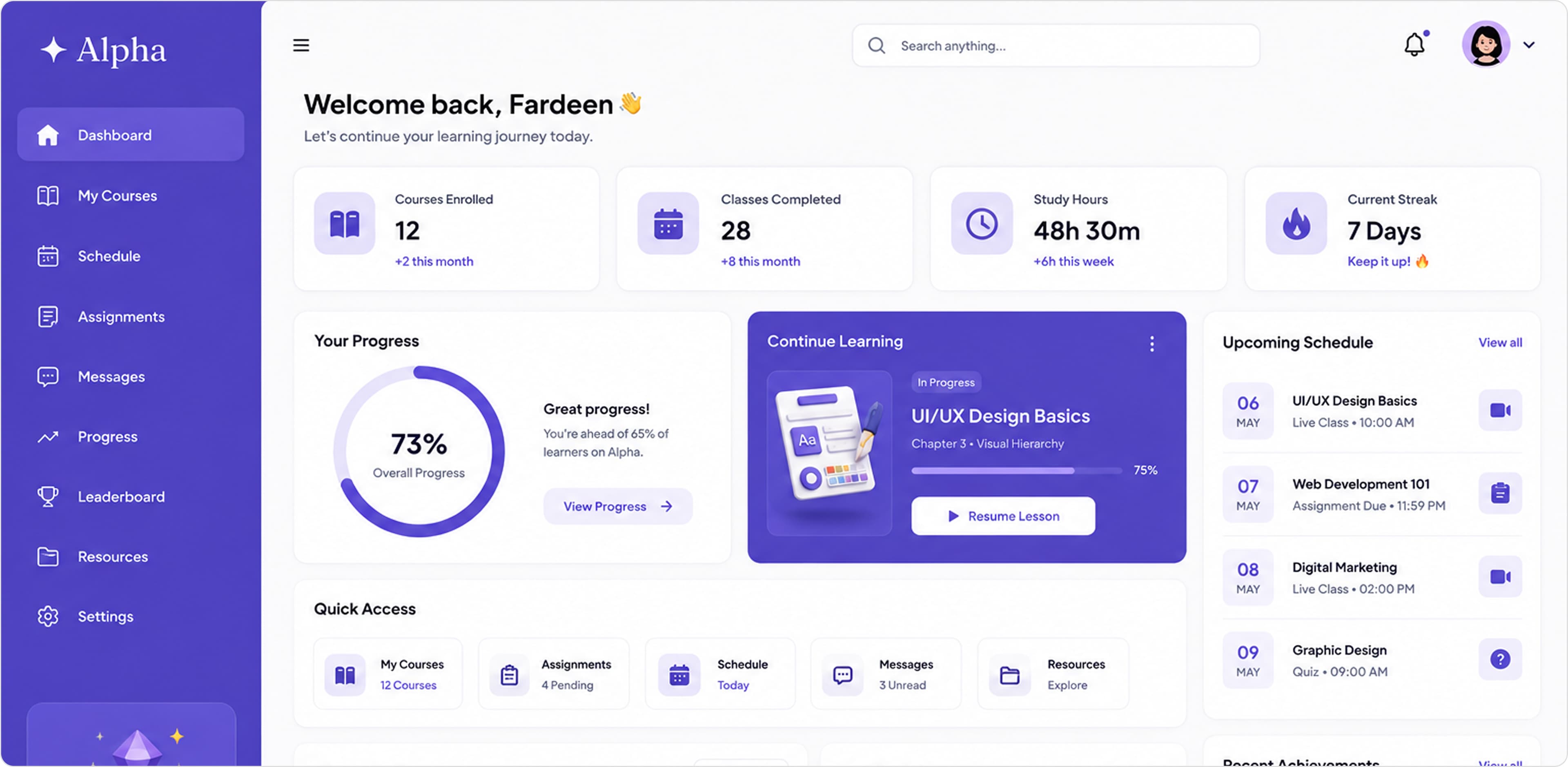 Alpha student dashboard showing the welcome back screen