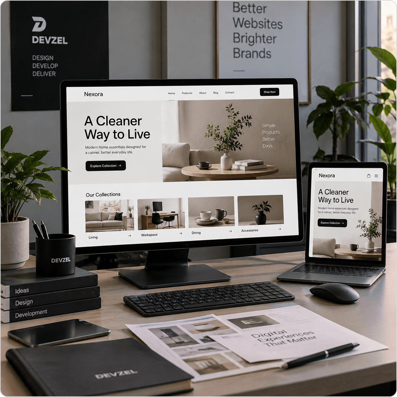 Responsive web design for the BusyPixel marketing site shown on a laptop