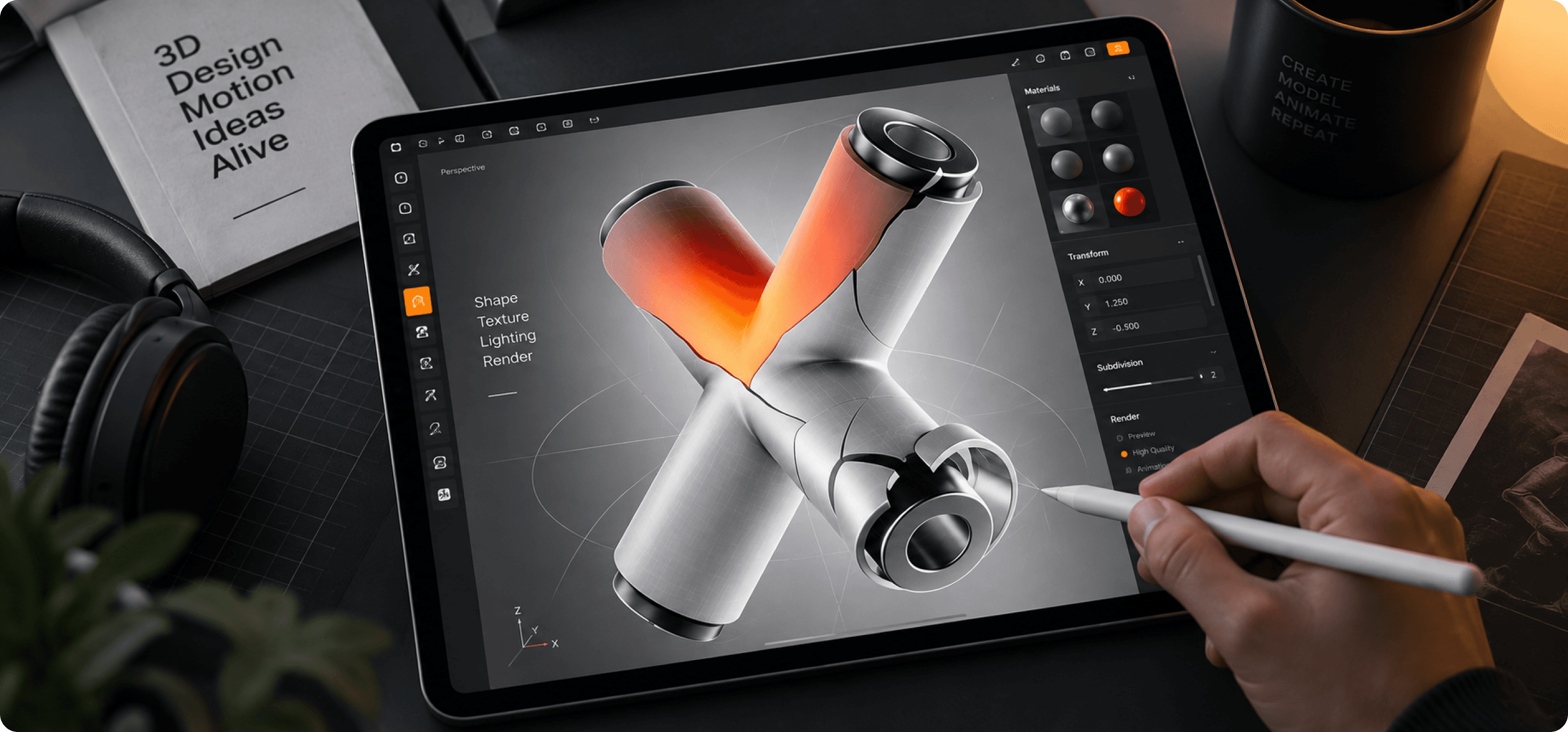 3D product model being shaped, textured and lit in a modelling app on a tablet
